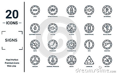 signs linear icon set. includes thin line stop, lightning warning, mute, nuclear, no step, no pets, weapons icons for report, Vector Illustration
