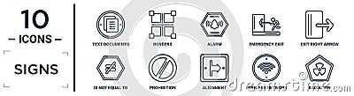 signs linear icon set. includes thin line text documents, alarm, exit right arrow, prohibition, wireless network, radiation, is Vector Illustration