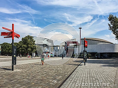 Signs and performance halls at edge of Parc de la Villette, Paris, France Editorial Stock Photo