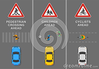 Signs and road markings meaning. `Pedestrian crossing ahead`, `children ahead` and `cyclists` sign. Top view. Vector Illustration