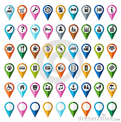 Signs, symbols, objects, locality, city, color, flat. Vector Illustration