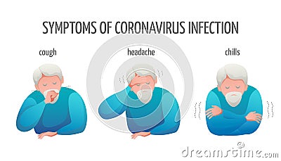 Signs of a virus infection are fever and chills, coughing and sneezing, headache. An elderly man with a beard is sick. Vector Illustration