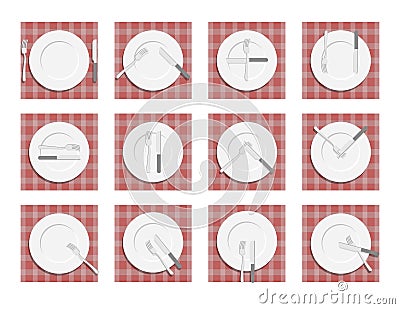 Signs for waiter in the restaurant. Dining etiquette. Cutlery on Vector Illustration