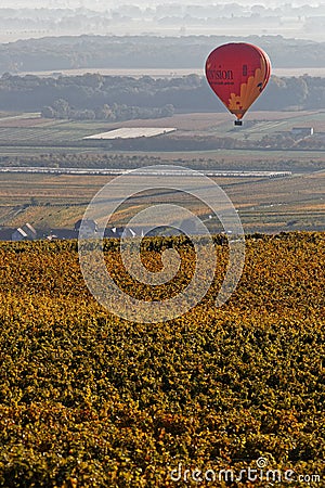 An hot air balloon flies over the vineyards Editorial Stock Photo