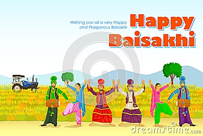 Sikh doing Bhangra, folk dance of Punjab, India Vector Illustration