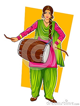 Sikh Punjabi Sardar woman playing dhol and dancing bhangra on holiday like Lohri or Vaisakhi Vector Illustration