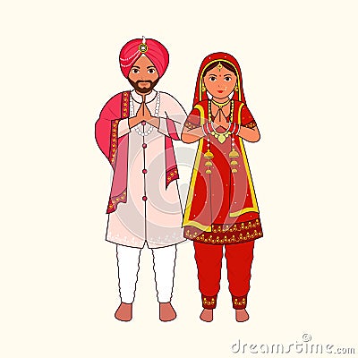 Sikh Wedding Couple Greeting Namaste In Traditional Dress On Cosmic Latte Stock Photo