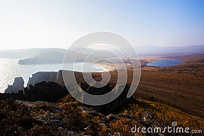 Sikhote-Alin Biosphere Reserve in the Primorsky Territory. Panoramic view of the sandy beach of the Goluchnaya bay and the lake Stock Photo