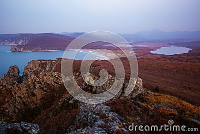 Sikhote-Alin Biosphere Reserve in the Primorsky Territory. Panoramic view of the sandy beach of the Goluchnaya bay and the lake Stock Photo