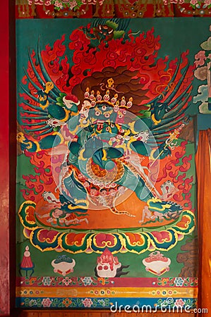 Sikkim, India - 22nd March 2004 : Colorful Buddist murals , piece of graphic artwork that is painted directly to inside wall of Editorial Stock Photo