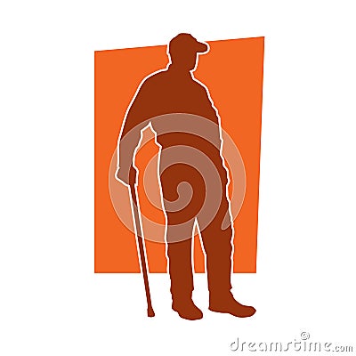 Silhouette of an old man in pose with walking cane. Vector Illustration