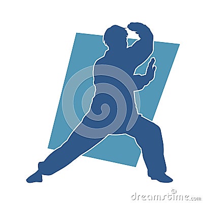 Silhouette of a man in oriental martial art pose. Vector Illustration