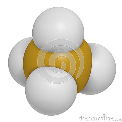 Silane (SiH4) molecule. 3D rendering. Atoms are represented as spheres with conventional color coding: silicon (yellow), hydrogen Stock Photo
