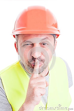 Silence concept with handsome constructor in closeup Stock Photo