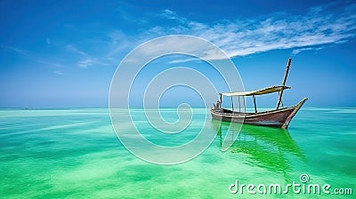 Silence in emerald water and sky around alone boat in Zanzibar. Generative AI Stock Photo