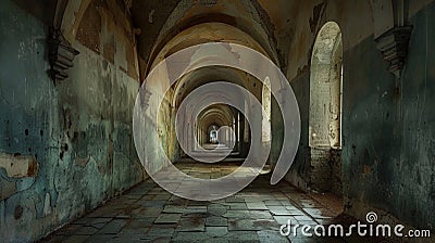 The silent beauty of a deserted monastery hallway perfect for a peaceful nights sleep. 2d flat cartoon Stock Photo