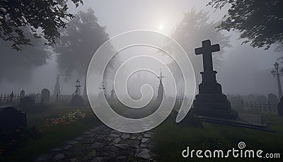 Silent cemetery, cross shaped tombstones, spooky fog, symbol of death generated by AI Stock Photo