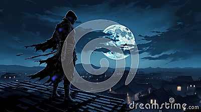 Silent Guardian of Feudal Japan: Ninja on Rooftop Under Moonlight Cartoon Illustration