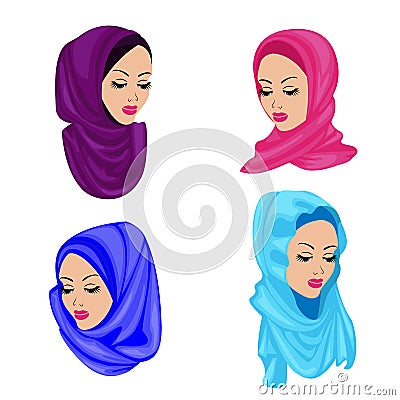 Silent head of a sweet lady. Collection. On the girls there is a traditional Arabic Muslim female headdress, hijab. Women are Cartoon Illustration