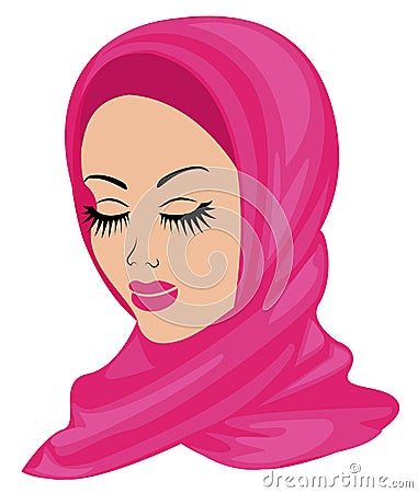 Silent head of a sweet lady. On the girl is a traditional Arabic Muslim female headdress, hijab. A young and beautiful woman. Cartoon Illustration