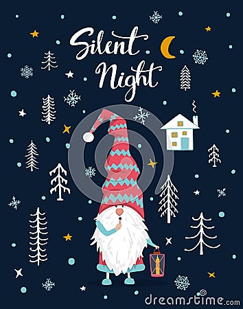 Silent night handwritten hand drawn xmas merry christmas greeting card with cute gnome Vector Illustration