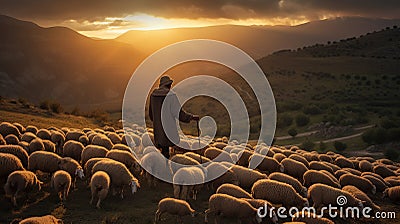 Silent Passage: A Shepherd's Journey at Dusk Stock Photo