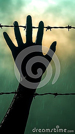 Silent plea Human hand silhouette reaches out, silently asking for help Stock Photo