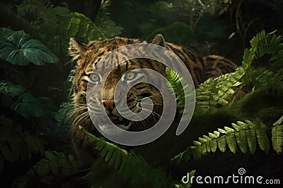 A silent sabertoothed tiger its fur blending in with the surrounding foliage.. AI generation Stock Photo
