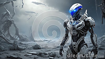 silent witness, a halo-inspired robot in an alien landscape. AI generated Stock Photo