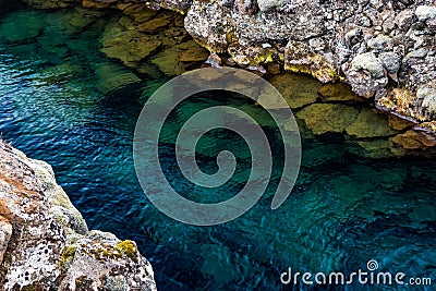 Silfra rift with beautiful water colour at Thingvellir Stock Photo