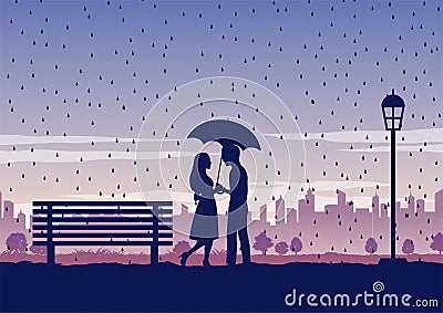 Silhouette of activities of people in park man and woman holding umbrella in the middle of rain Vector Illustration
