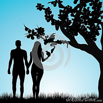 Silhouette of Adam and Eve under the forbidden apple tree Vector Illustration