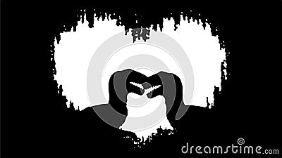 Silhouette of affectionate raptors in front of heart. Vector Illustration