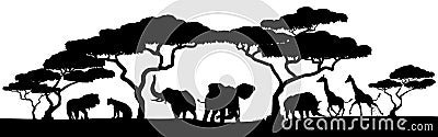 Silhouette African Safari Animal Landscape Scene Vector Illustration