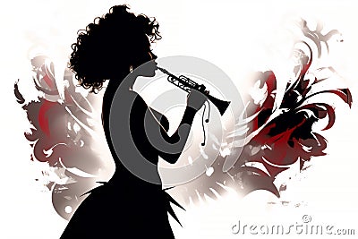 Silhouette of an Afro-American female jazz musician cornet player Cartoon Illustration