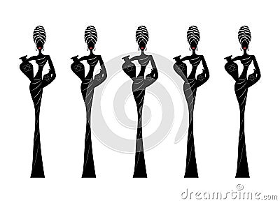 Silhouette of Afro women. Beautiful African woman with a Turban and amphorae. Traditional Kente head wrap African, Africa icon Vector Illustration