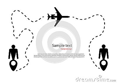 The silhouette of the aircraft flight movement, trajectory, route dotted line. Map Pin in the form of icons man, destination. Vector Illustration