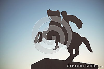 Silhouette of Alexander the Great Statue at sunset. Thessaloniki Stock Photo