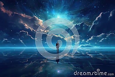 Silhouette of alone person looking at heaven. Generative AI Stock Photo