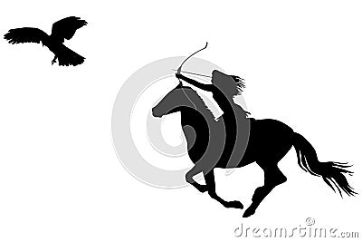 Silhouette of an amazon warrior woman riding a horse with bow an Vector Illustration