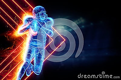 Silhouette of an American football player on fire on the background of the stadium. Concept for sports, speed, bets, American game Stock Photo