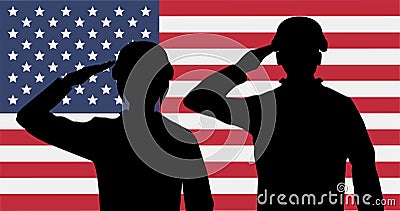 Silhouette american soldiers salute on usa flag Vector Illustration