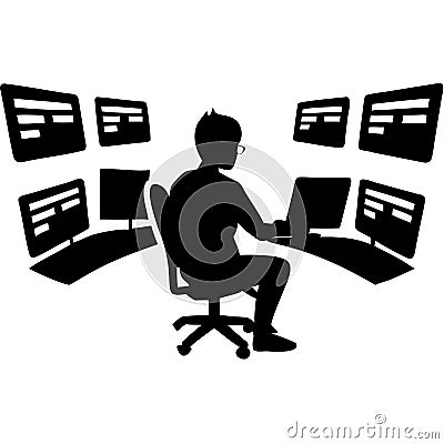 Silhouette of Analyst at Computer Monitoring Multiple Screens for Security and Data Management Stock Photo