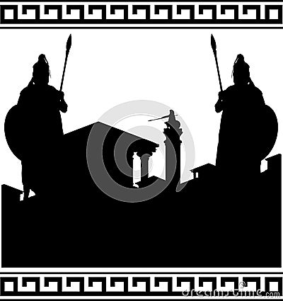 Silhouette of ancient city and guardians Vector Illustration