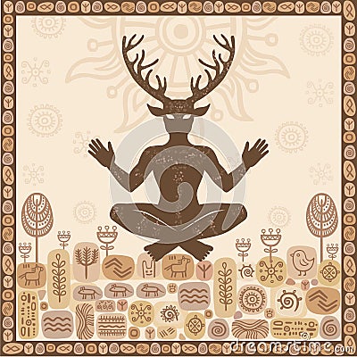 Silhouette of ancient pagan horned god Cernunnos, male deer, spirit of the wood. Vector Illustration