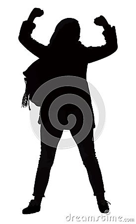 Silhouette of an Angry Female Protester with Backpack and Fists in the air Vector Illustration