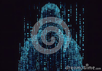 Silhouette of Anonymous Figure Binary Code Matrix Stock Photo