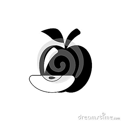 Silhouette apple icon. Whole apple with a slice and seed inside. Fruit with branch and leaf. Vector Illustration