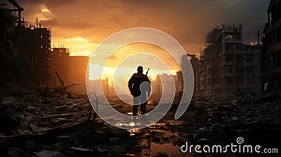 Silhouette of an army man standing in the middle of the ruined city Stock Photo