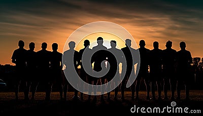 A silhouette army standing in back lit dusk, celebrating success generated by AI Stock Photo